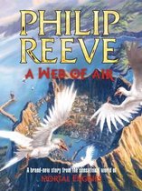 Boekomslag van 'A Web of Air' door Philip Reeve, met witte vliegende wezens boven een stad met daken.
