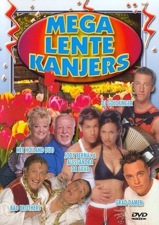 Album cover 'Mega Lente Kanjers' met artiesten en tulpen. Titel 'Mega Lente Kanjers'.