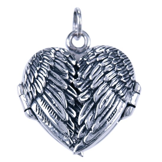 Zilveren Foto medaillon hart ketting hanger - Vleugels - 2 foto's
