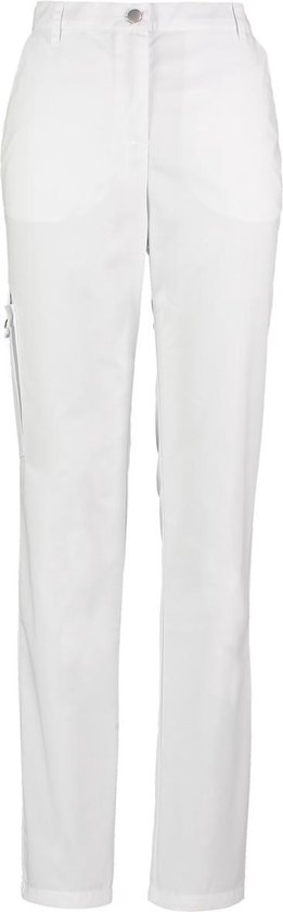 Witte dames werkbroek met steekzakken aan de voorkant en een cargozak aan de zijkant met ritssluiting.