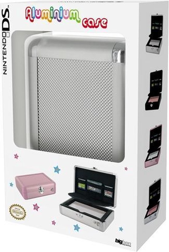Aluminium etui voor Nintendo DS, met zilveren gestructureerde voorkant en roze en zilveren etuis als demonstratie.