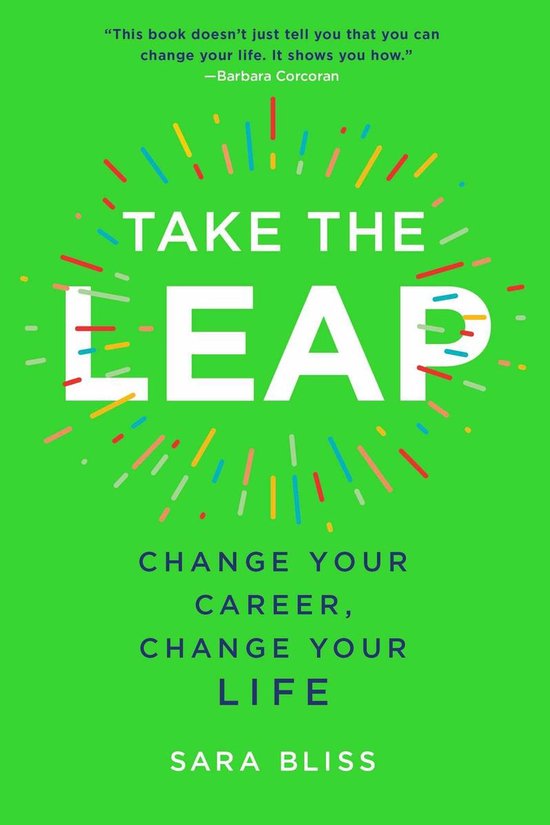Boek "Take the Leap" met de titel in witte letters op een groene achtergrond, omringd door veelkleurige confetti.