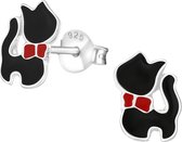 Joy|S - Zilveren kat poes oorbellen zwart 7 x 10 mm