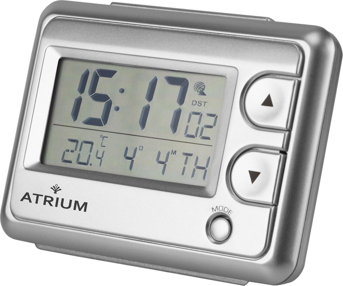 ATRIUM Wekker - Digitaal - Radiogestuurd - Alarm - Zilver - Licht - Opbouwend Alarmsignaal - Snooze - Duidelijk - Wektijd - Datum - Weekdag - Binnentemperatuur - A720-19