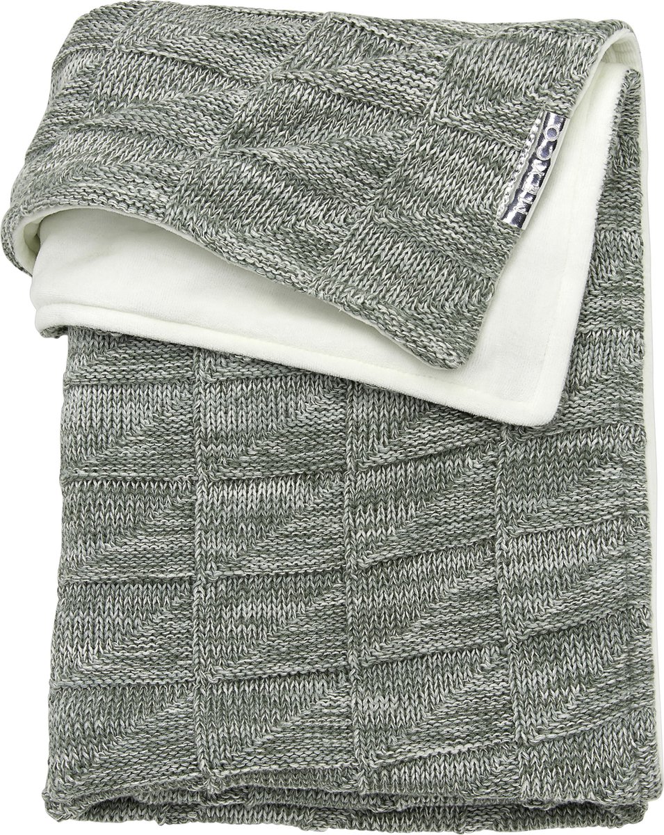 Meyco Block mixed met velvet ledikantdeken - 100x150 cm - Stone/Forest green
