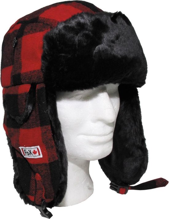 Chapeau de bûcheron avec fausse fourrure rouge / noir, bûcheron canadien - TAILLE MOYENNE