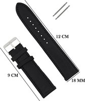 Horlogeband 18MM Aanzetmaat met Gehechte Randen - Echt Leer + Push Pins - Zwart