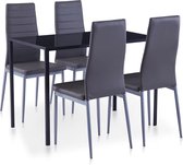 Complete Eettafel set grijs 5 delig met glazen tafel (Incl Dienblad) - Eet tafel + 4 Eetstoelen - DIneertafel - Eettafelstoelen - Eetkamerstoelen - Eethoek 4 persoons