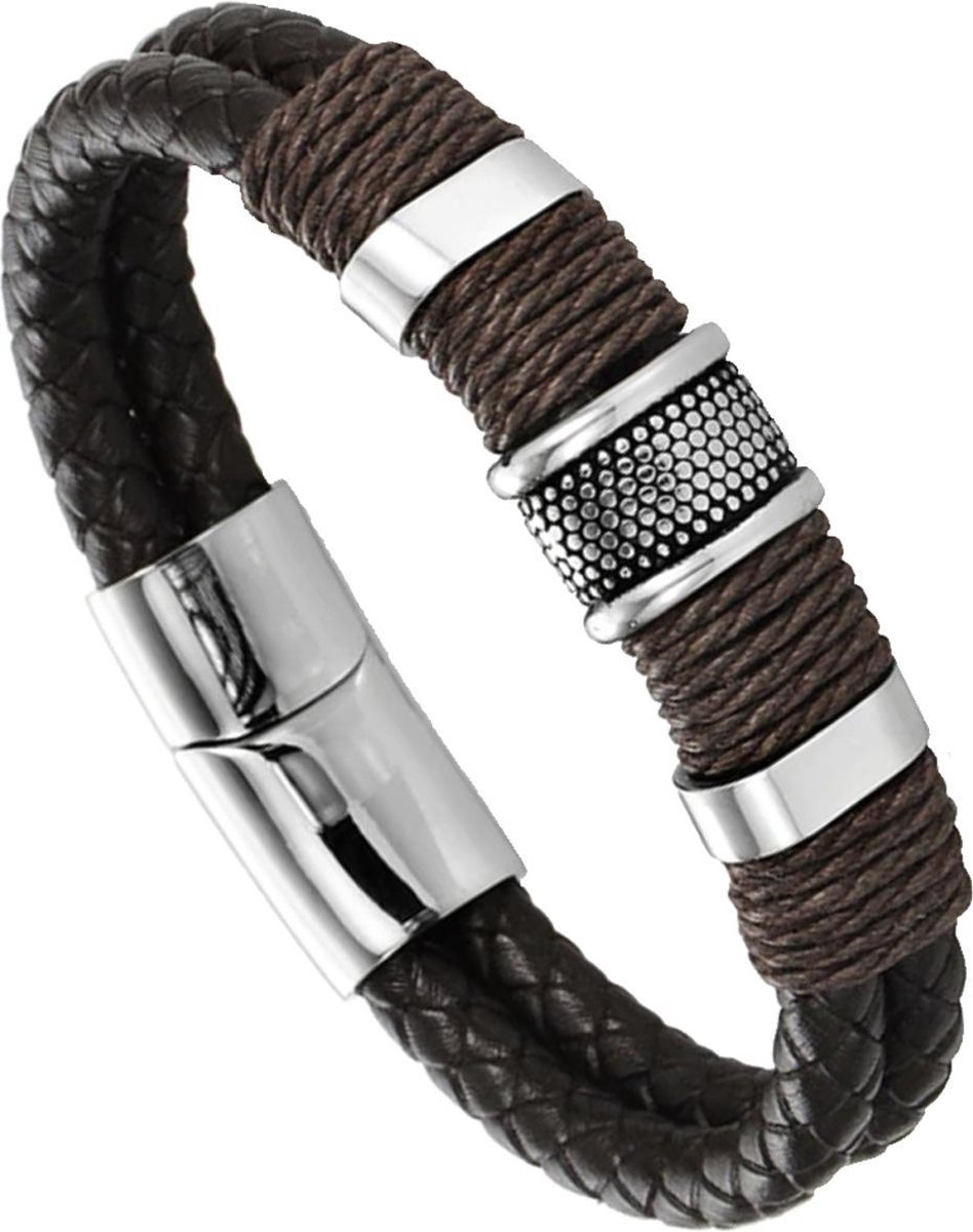 Victorious Leren Armband Heren – Dubbel Leer & RVS Roestvrij Staal– Bruin/Zilver – 21cm