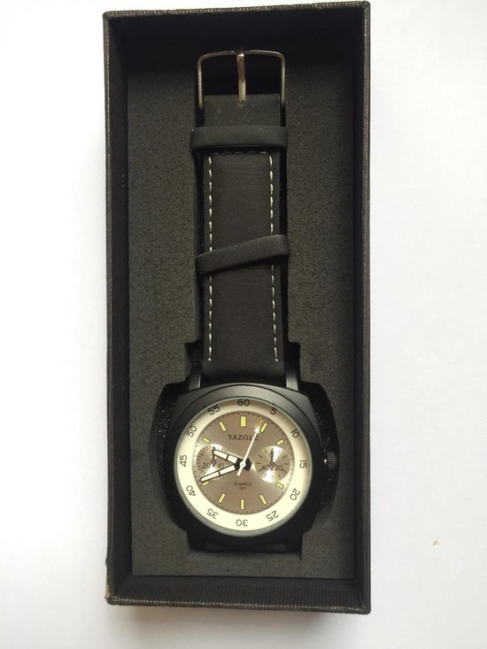 Yazole Luxe Heren horloge - DaVinciWatches - Zwart Lederen Band - Zwartkleurige Kast -  Witkleurige Wijzerplaat – Type F - Geleverd met Stijlvolle Horlogebox- Luxe Geschenkverpakking – Cadeautip !