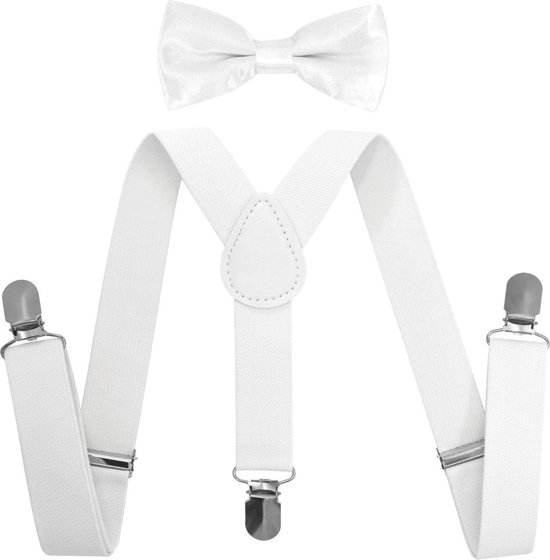 Fako Fashion® - Kinder Bretels Met Vlinderstrik - Kinderbretels - Vlinderdas - Strik - 65cm - Wit