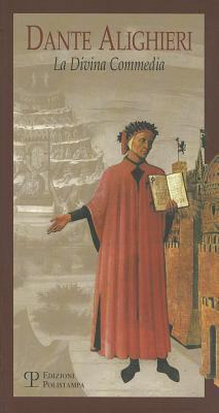 De Divina Commedia door Dante Alighieri, met een schilderij van Dante zelf, gekleed in een rode mantel en laurierkrans, met een boek in zijn hand.