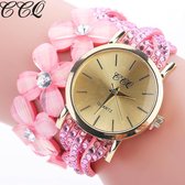 Fashionidea – mooie wikkel horloge roze leer met goudkleurige wijzerkast en schitterende zirkonias