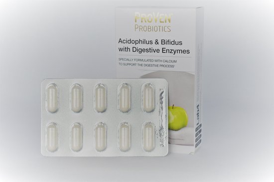 ProVen Probiotica Acidophilus & Bifidus met spijsverteringsenzymen, blisterverpakking met 10 capsules.
