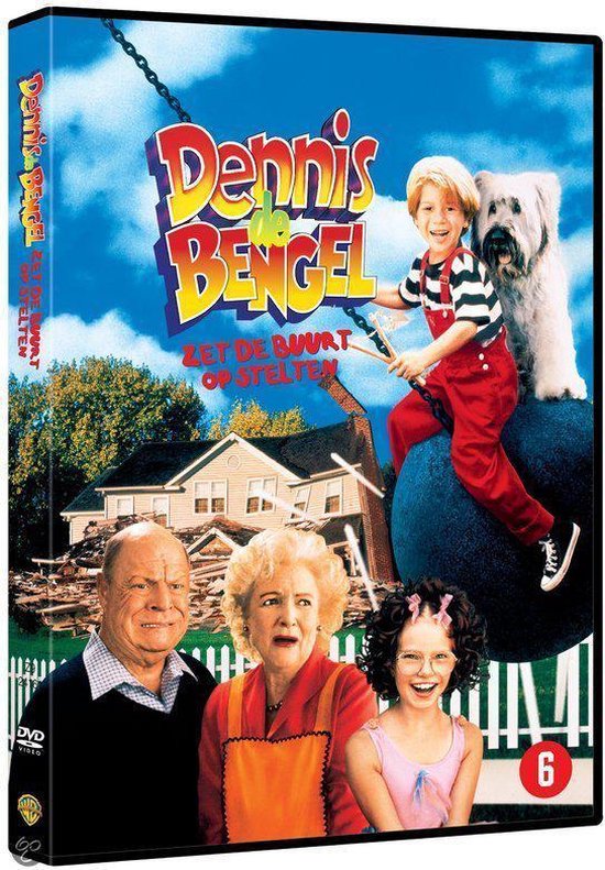 Dennis de Bengel Zet de Buurt Op Stelten DVD cover met lachende jongen, hond, en acteurs.