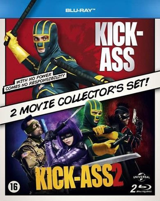 Blu-ray set van Kick-Ass 1 & 2. Vier superhelden in kostuums, met de tekst 'Met grote kracht komt grote verantwoordelijkheid'.