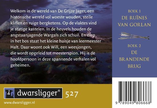 Boekomslag De Grijze Jager, met kasteelruïnes en tekst. Boek 1 De Ruïnes Van Gorlan, Boek 2 De Brandende Brug.