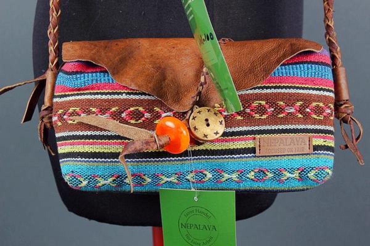 Kleine schoudertas - Gheri 4 - Katoen met leren details - Multicolor - 22x14cm - Nepalaya - Nepal - Fairtrade