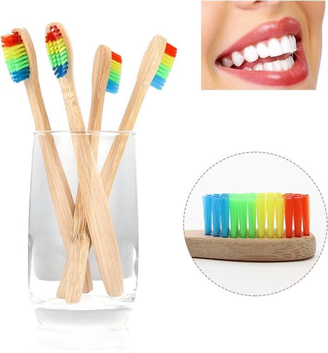 Bamboe Tandenborstel | Regenboog | 4 Stuks | Recyclebaar en Biologisch Afbreekbaar | Zacht / Medium | Voor Gevoelig Tandvlees
