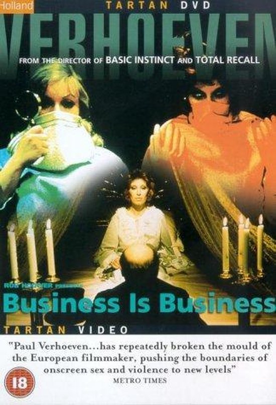 DVD hoes met drie personen, waaronder een vrouw met een masker. Titel: Verhoeven Business Is Business.