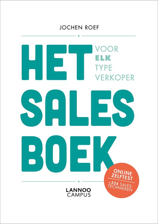 Boek 'Het Salesboek' met turquoise letters op een witte achtergrond.