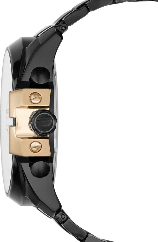 Zijkant van een zwart Diesel Mega Chief herenhorloge met gouden kroon en schroefdetails.