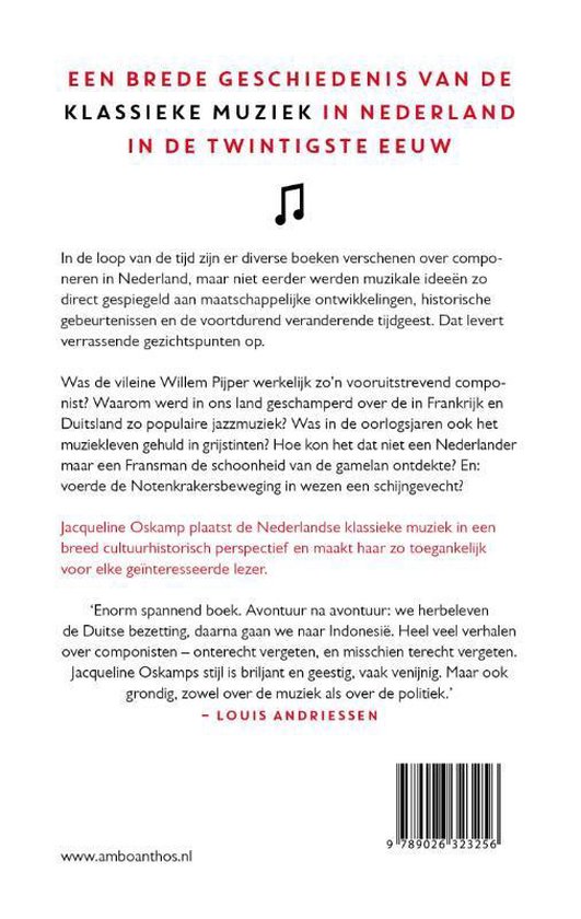 Boek kaft met tekst in rood en zwart over de geschiedenis van Nederlandse klassieke muziek in de twintigste eeuw, door Jacqueline Oskamp.