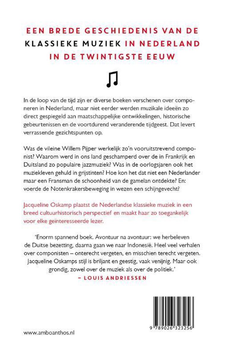 Boek kaft met tekst in rood en zwart over de geschiedenis van Nederlandse klassieke muziek in de twintigste eeuw, door Jacqueline Oskamp.