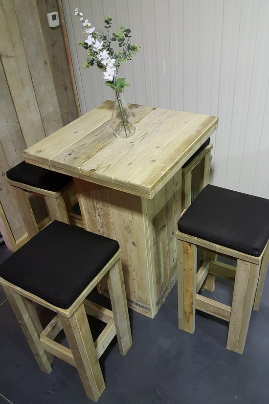 Hoge bar(receptie)tafel + 4 barkrukken in gebruikt steigerhout zonder  zitkussens | bol.com