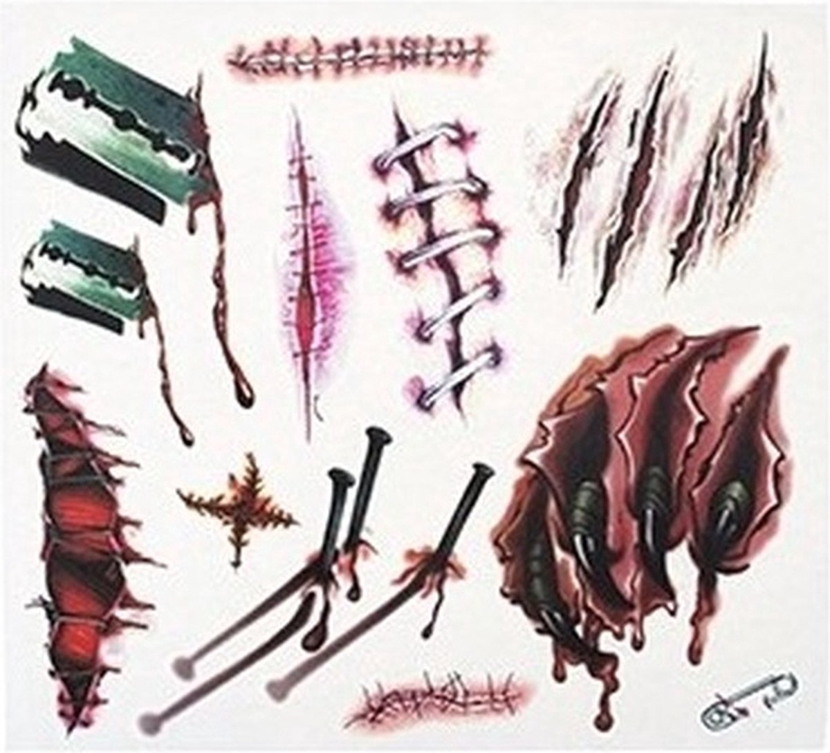 12x Nep tattoos horror/halloween verkleed bloed en wonden pla accessoires