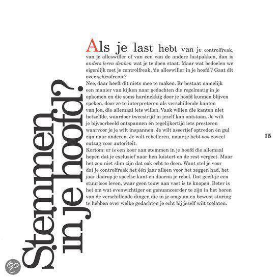 Tekst 'Stemmen in je hoofd?' met tekst ernaast over controlefreaks en schizofrenie.