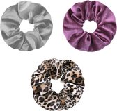 Jumalu scrunchie velvet haarwokkel haarelastiekjes - grijs, paarsroze en tijgerprint - 3 stuks