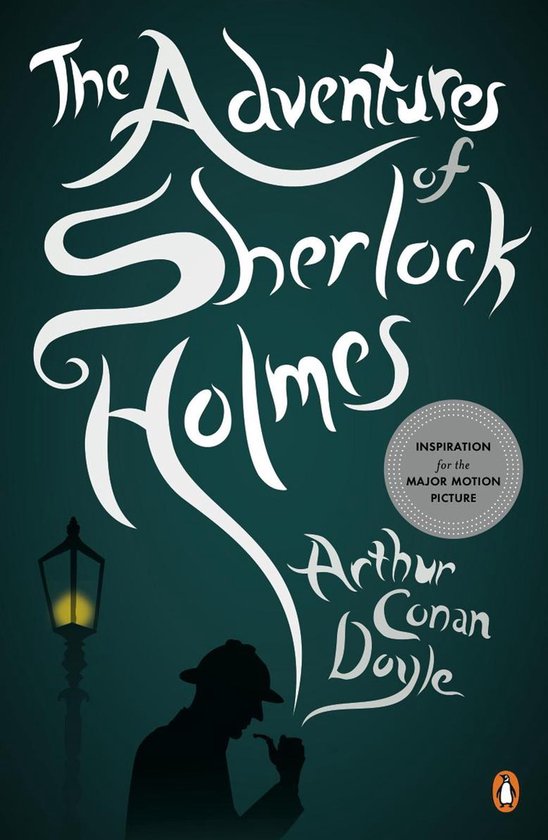 De omslag van 'The Adventures of Sherlock Holmes' door Arthur Conan Doyle, met een silhouet van Sherlock Holmes bij een lantaarnpaal, en de tekst 'Inspiratie voor de grote film'.