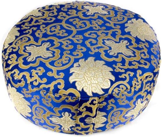 Meditatiekussen blauw lotus patroon - 33x17 - Boekweit - Katoen - Blauw - Goud - L — afbeelding 2