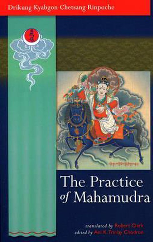 Boek met de titel 'The Practice of Mahamudra', met een Tibetaanse illustratie van een figuur te paard.