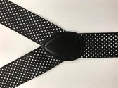 Sorprese – Luxe chique – heren bretels – zwart wit gestipt design - met zwart leer – 3 extra stevige clips
