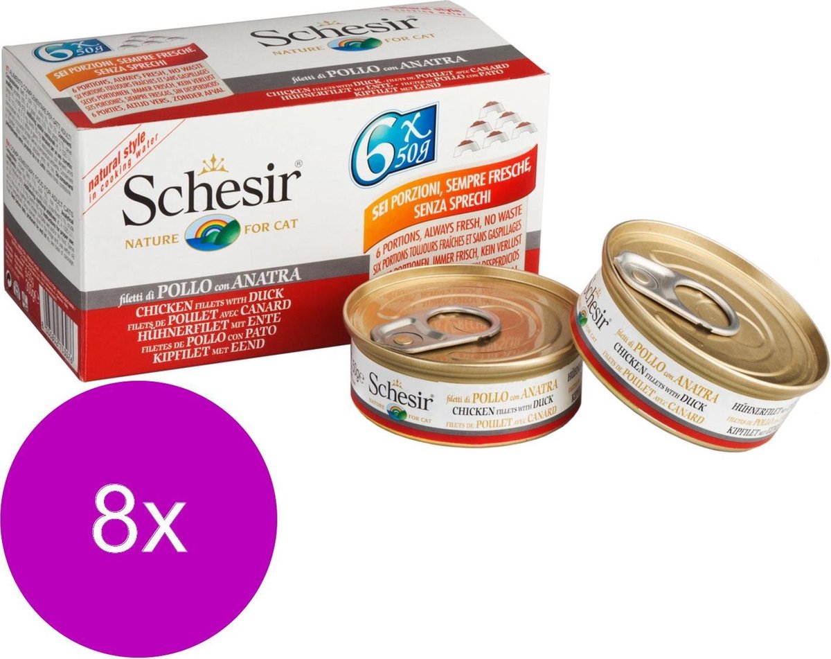 Schesir Kat Mp Blik Gekookt Kipfilet/Eend – Kattenvoer – 8 x (6×50 g)