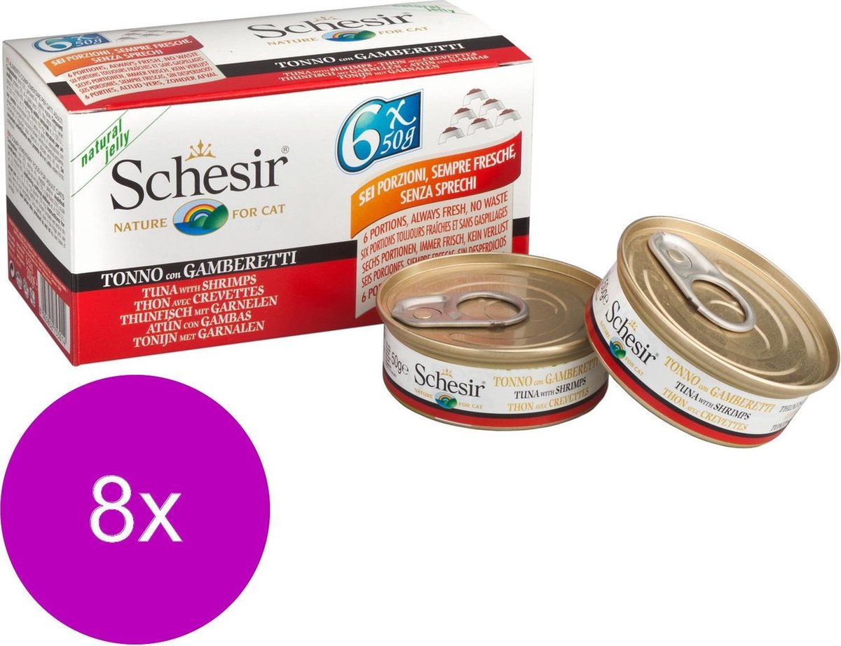 Schesir Kat Mp Blik Gelei 6×50 g – Kattenvoer – 8 x Tonijn&Garnaal