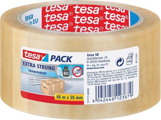 Tesa PACK Extra Strong transparant verpakkingstape op een rol, met rode en witte logo's.