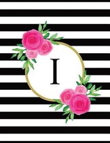 Black and White Striped Pink Floral Monogram Journal with Letter I