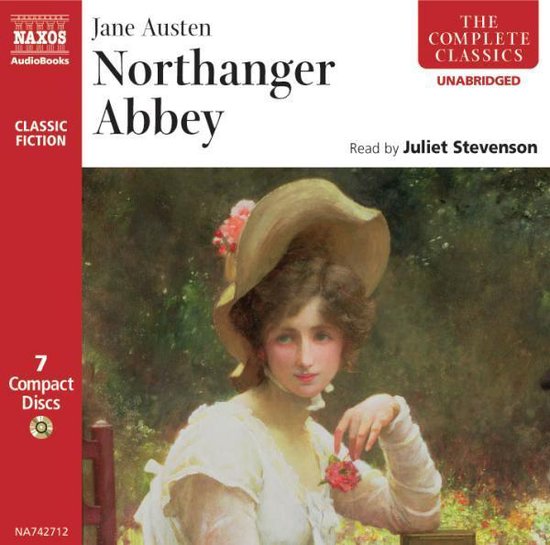 Boek "Northanger Abbey" van Jane Austen, voorgelezen door Juliet Stevenson. Een vrouw met een hoed en bloemen, schilderij.