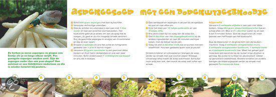 Een close-up van asperges, met tekst over een recept.