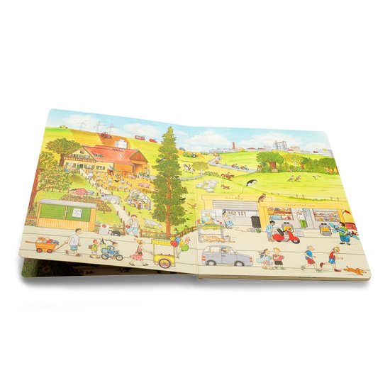 Gedeeltelijke illustratie van een platteland met boerderijen, velden en gebouwen.