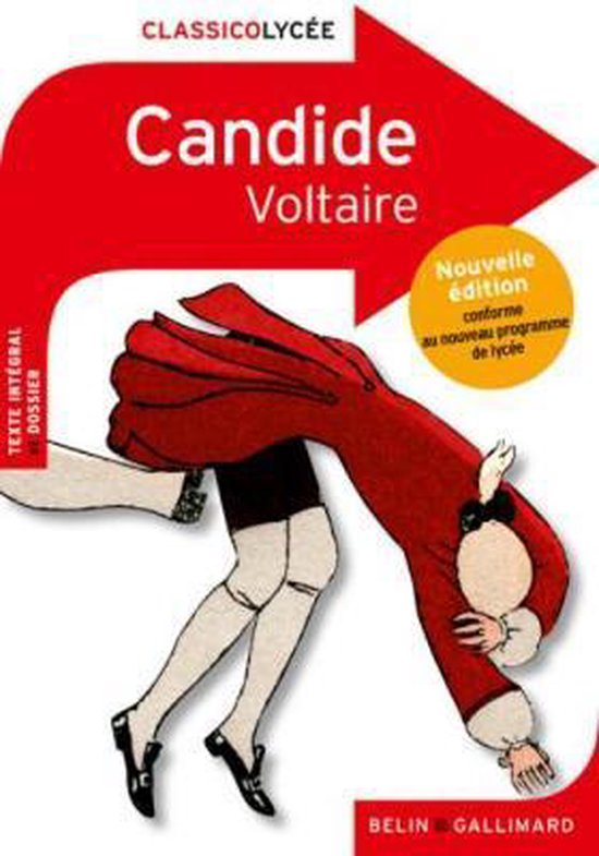 Boekomslag van Candide door Voltaire met een illustratie van een persoon in een rode jas op een witte achtergrond.