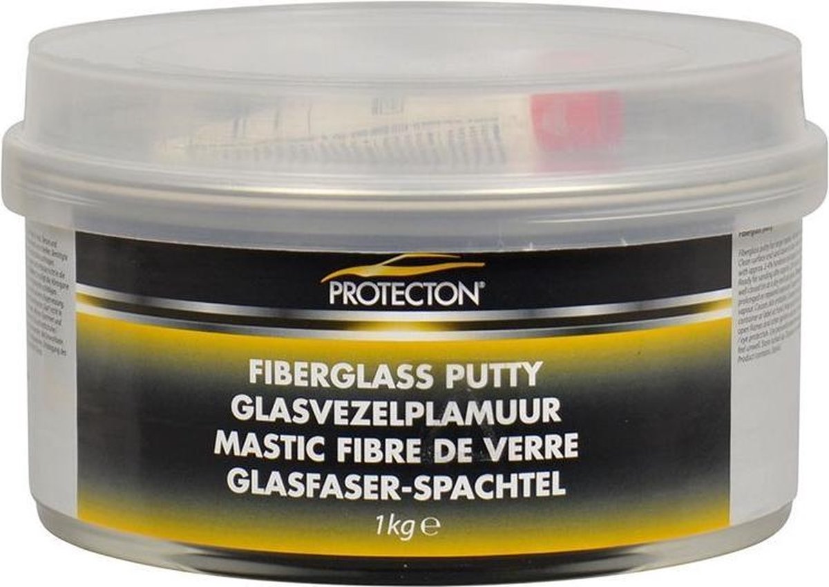 Protecton Glasvezelplamuur - Voor herstellen van grotere deuken, gaten & scheuren - Hecht op metaal, hout, beton & kunststof – Bestand tegen chemicaliën en weersinvloeden - Incl. tube verharder – 1kg