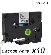 10x Tze-231 TZ231 Compatible voor Brother P-touch Label Tapes- Zwart op Wit - 12mm