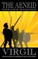 Couverture du livre 'The Aeneid Interlinear Translation' de Virgil, avec des silhouettes de soldats sur fond jaune rayonnant.