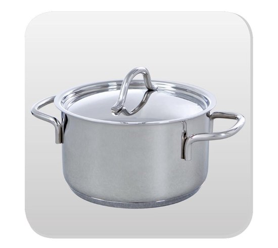 Een roestvrijstalen kookpan met deksel en twee handvatten, op een lichte achtergrond.