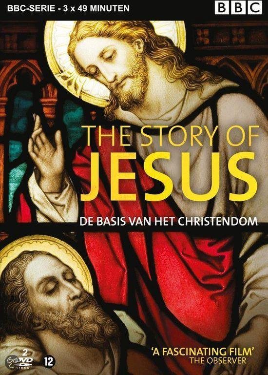 Couverture DVD "THE STORY OF JESUS" avec une image de Jésus et un vitrail.