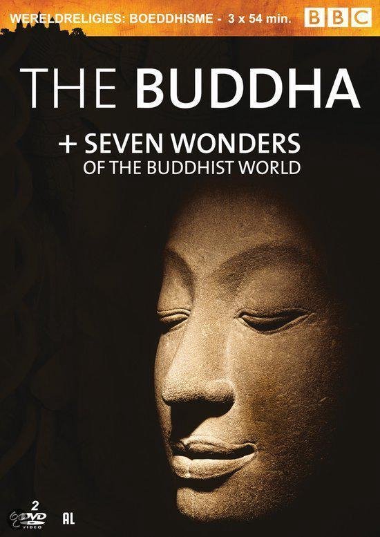 Couverture DVD avec le titre "THE BUDDHA + SEVEN WONDERS OF THE BUDDHIST WORLD" et une sculpture en pierre du visage de Bouddha.
